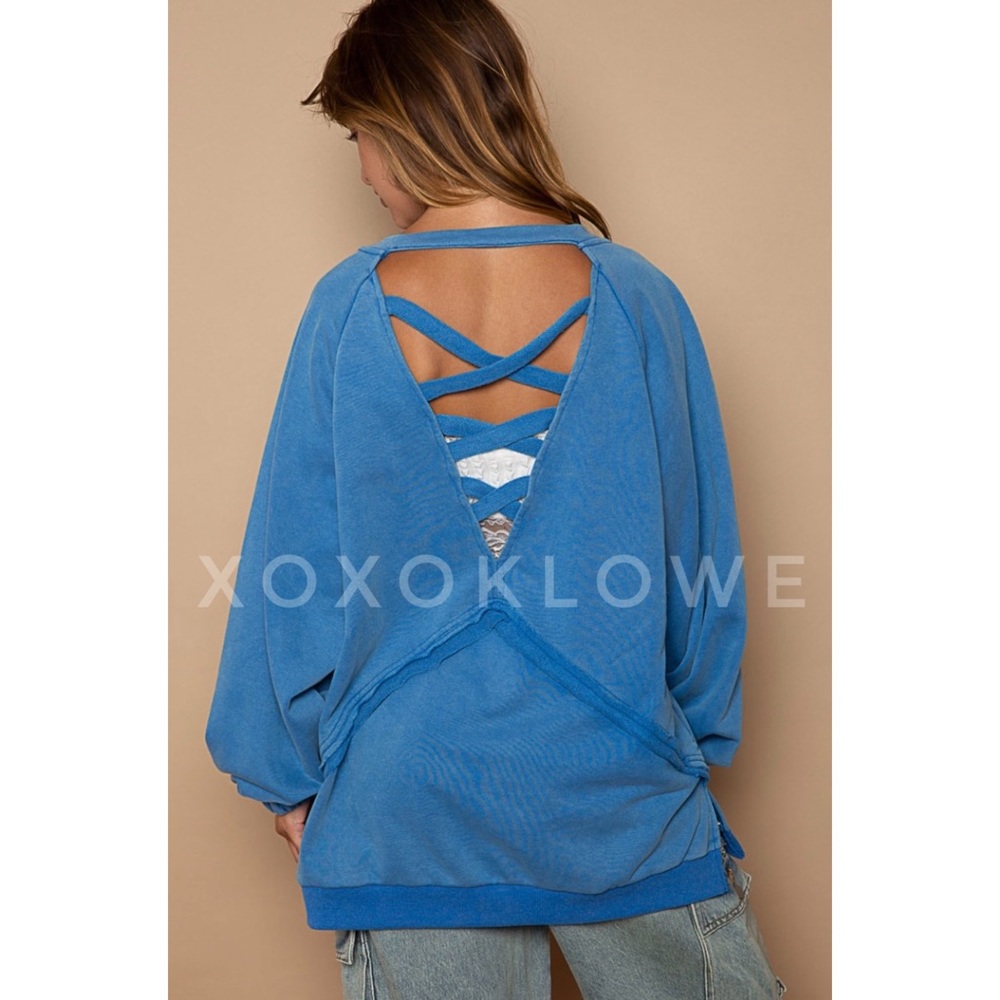 POL Cobalt Blue French Terry Criss Cross Back Pullover | Slouchy Fit